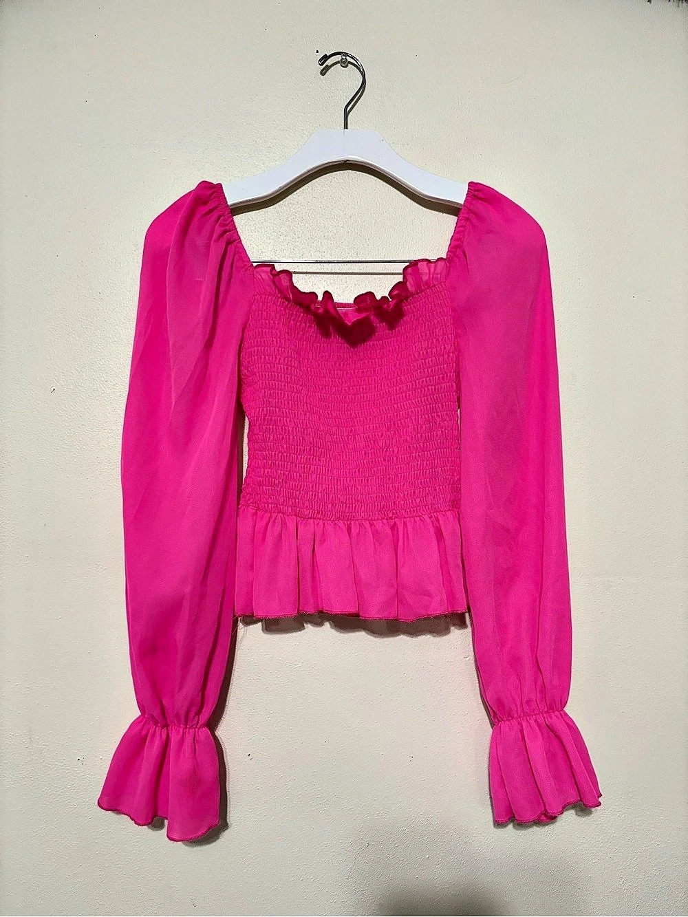 SHEIN Square Neck Long Sleeve Fitted Cropped Top Cropped Blouse Pink Small